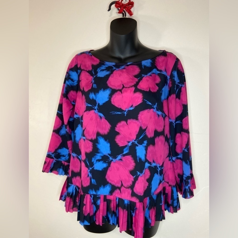 Banana Republic~Vibrant Hot Pink, Blue & Black Top~Pleated Hem & Sleeves~Size XS